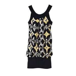 Retro Geometrical Print Sleeveless Tunic Top, Black White Yellow, Size 3/4